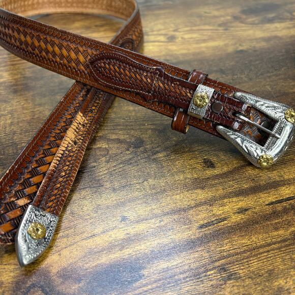 Wright Vintage Tooled Leather Gun Belt Size 36 Concealed Carry Brown Western - Picture 4 of 13